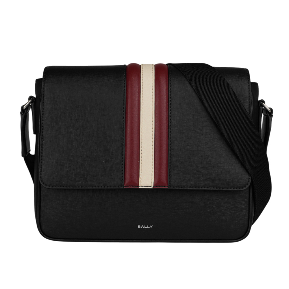 【BALLY】Mythos 紅白條紋再生牛皮翻蓋郵差包(黑色) 6310493