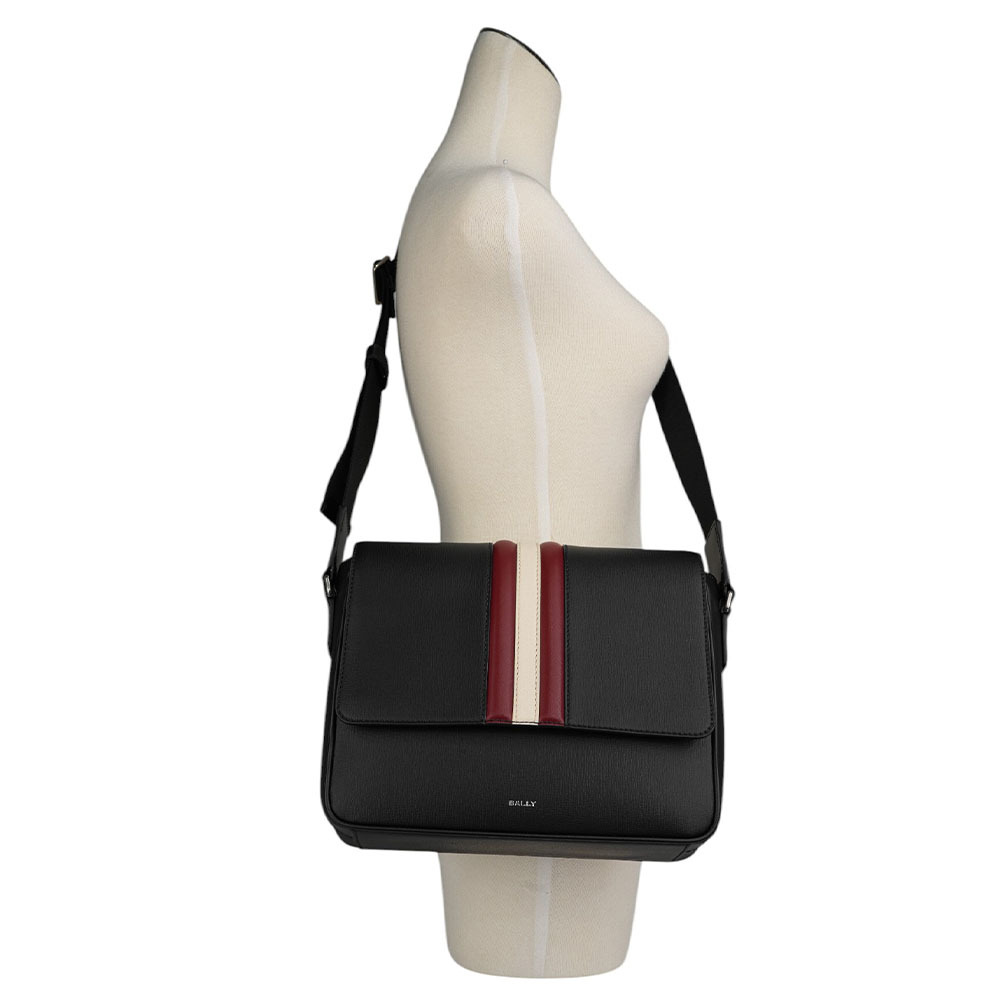 【BALLY】Mythos 紅白條紋再生牛皮翻蓋郵差包(黑色) 6310493