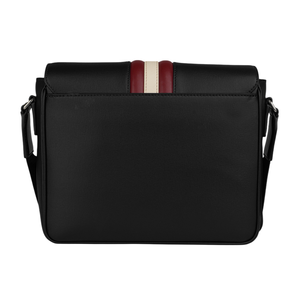【BALLY】Mythos 紅白條紋再生牛皮翻蓋郵差包(黑色) 6310493