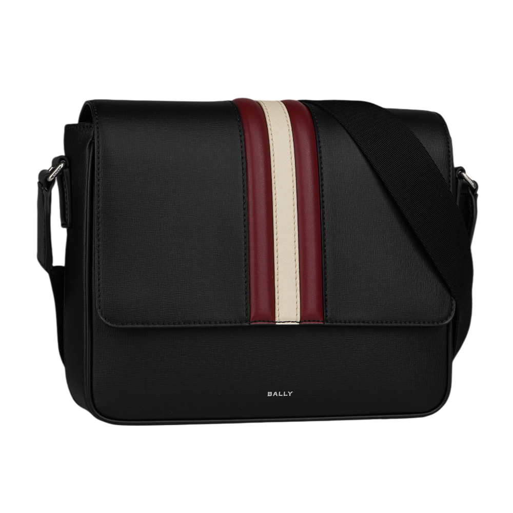 【BALLY】Mythos 紅白條紋再生牛皮翻蓋郵差包(黑色) 6310493
