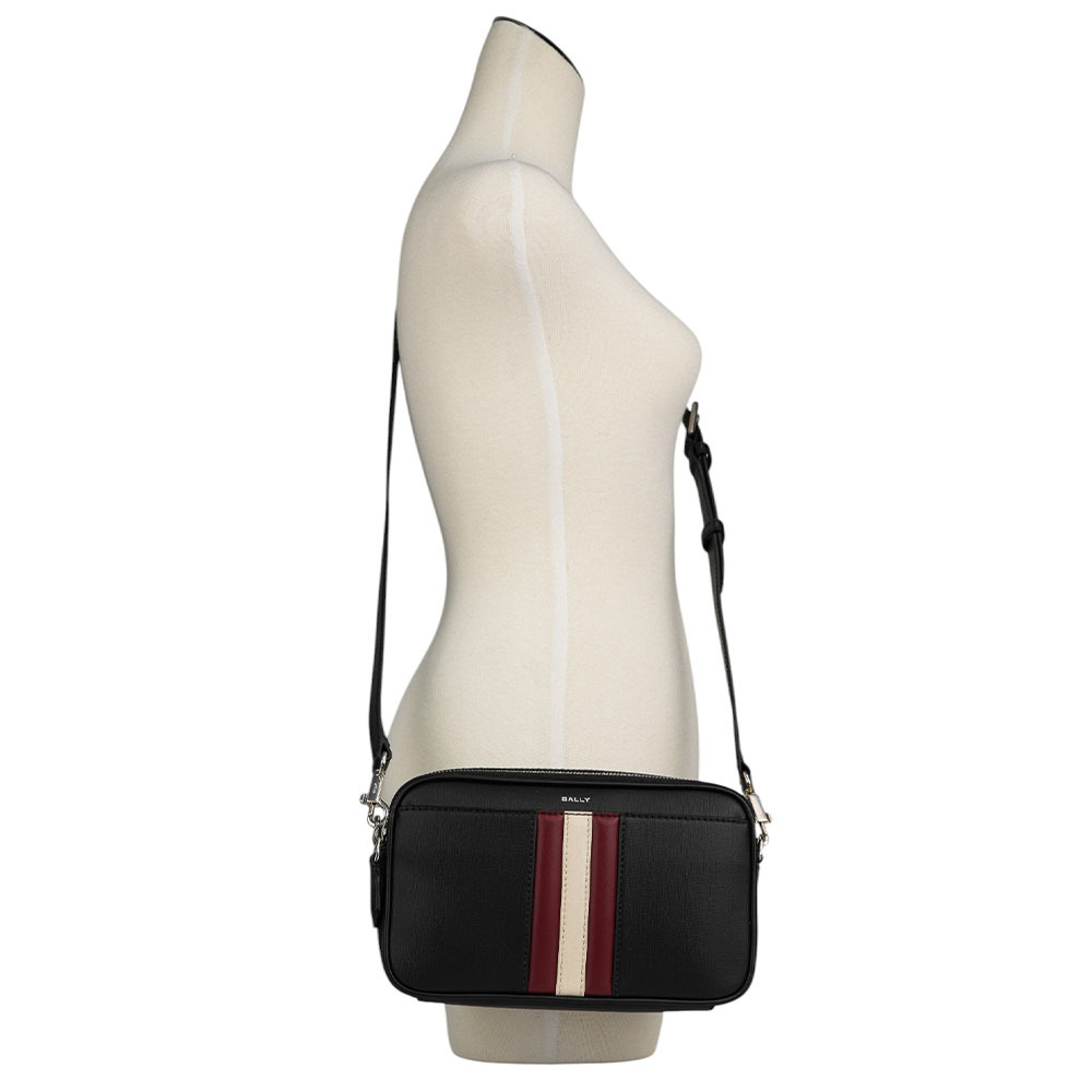 【BALLY】Holm 紅白條紋牛皮日字斜背包(黑色) 6310495