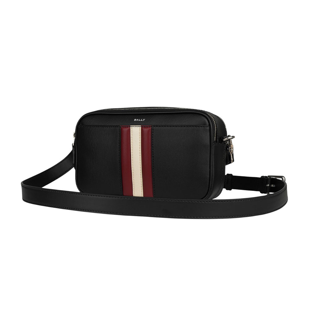 【BALLY】Holm 紅白條紋牛皮日字斜背包(黑色) 6310495