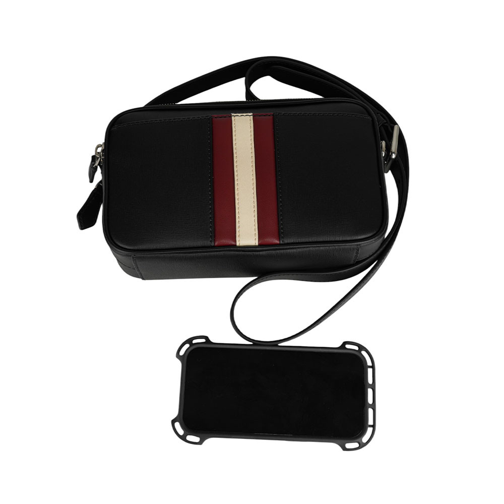 【BALLY】Holm 紅白條紋牛皮日字斜背包(黑色) 6310495