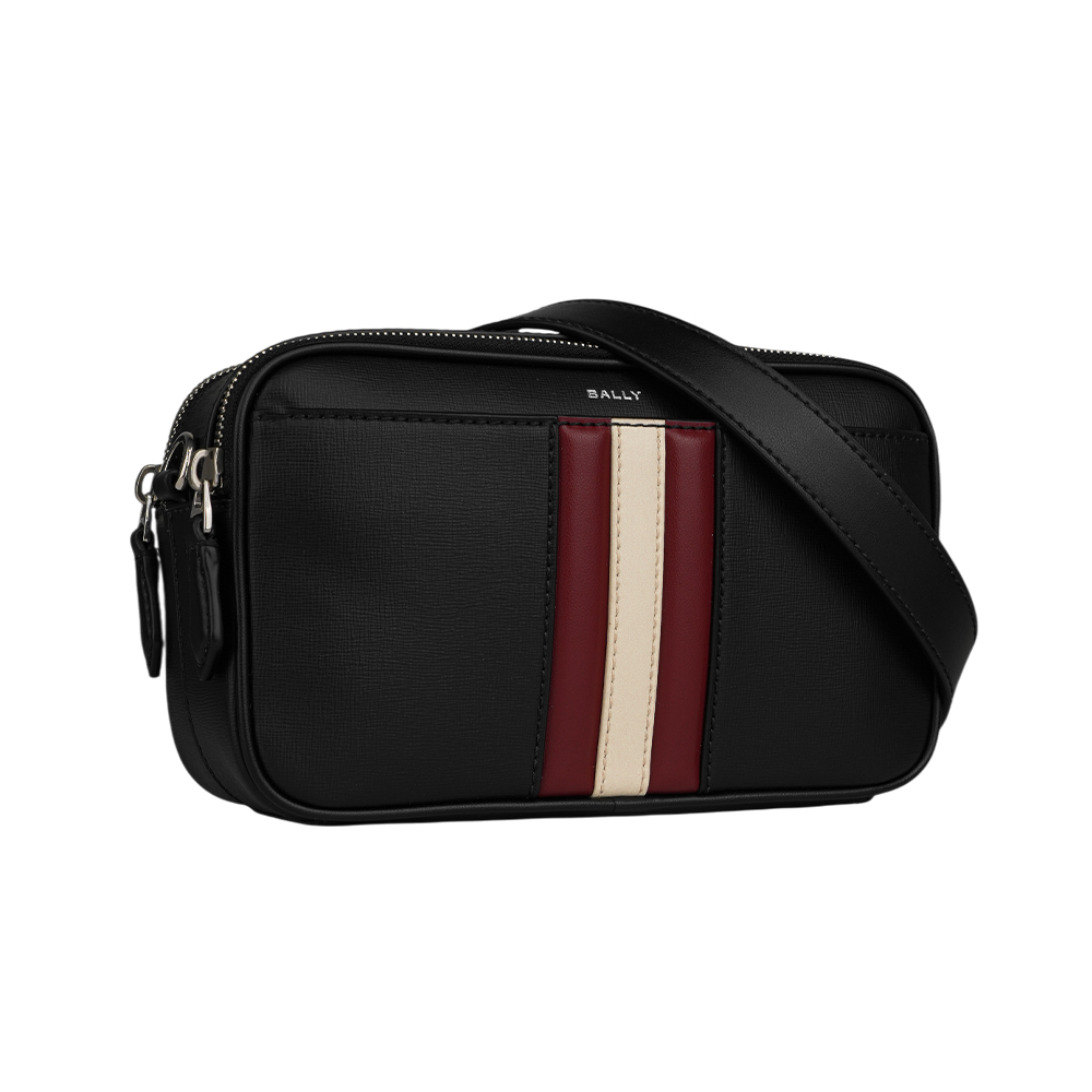 【BALLY】Holm 紅白條紋牛皮日字斜背包(黑色) 6310495