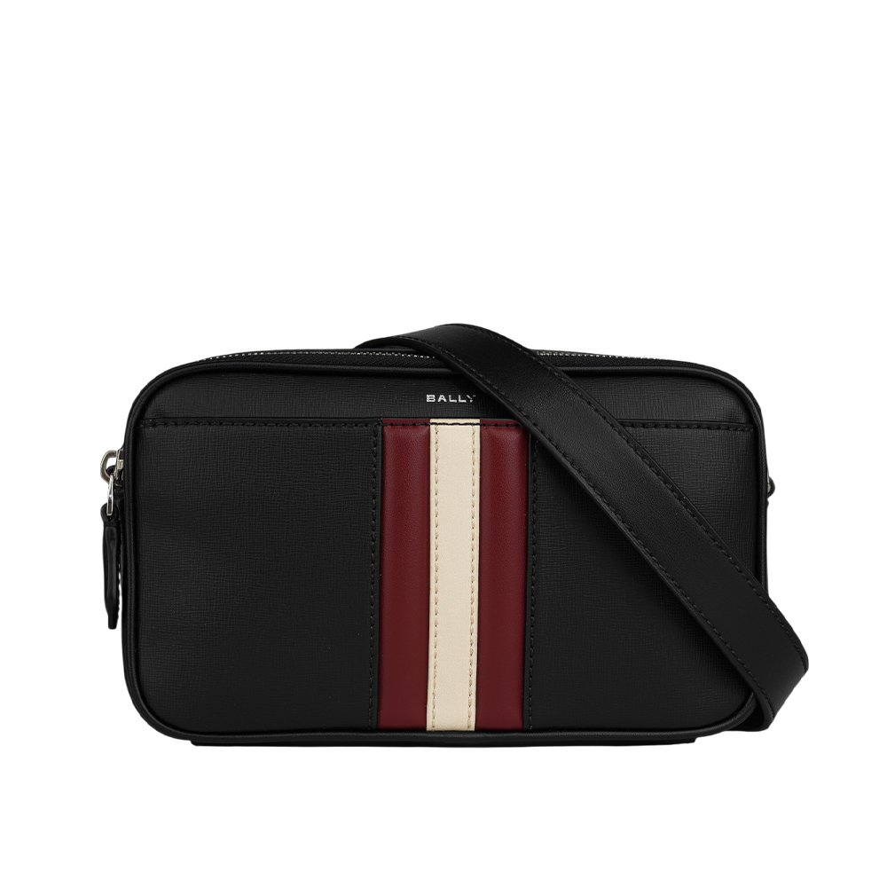 【BALLY】Holm 紅白條紋牛皮日字斜背包(黑色) 6310495