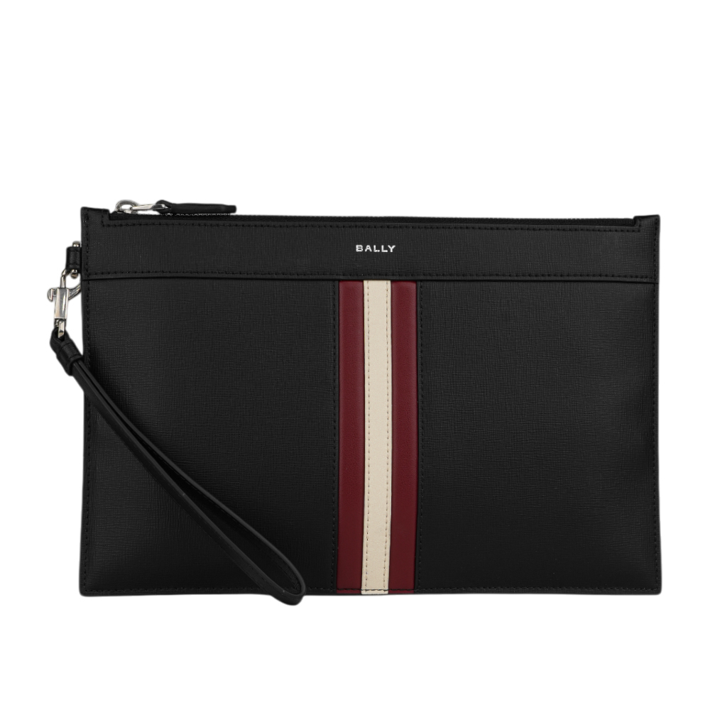 【Bally】Mythos 再生牛皮紅白條紋附提把手拿包(黑色)