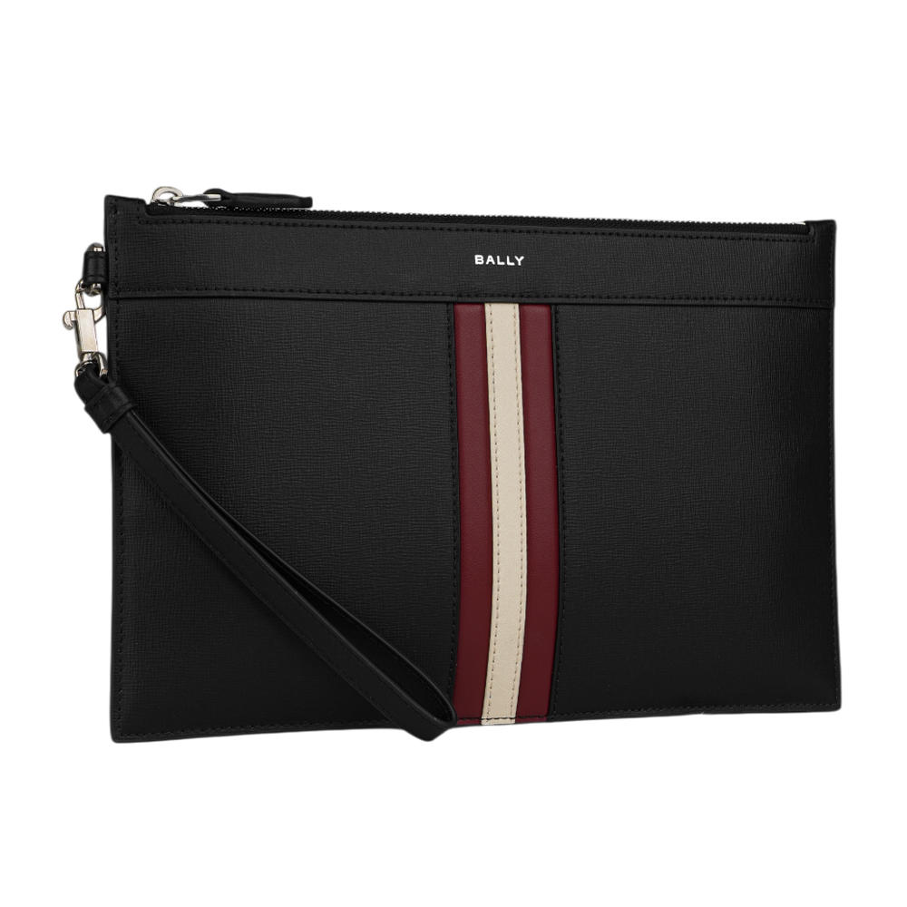 【BALLY】Mythos 再生牛皮紅白條紋附提把手拿包(黑色) 6308566