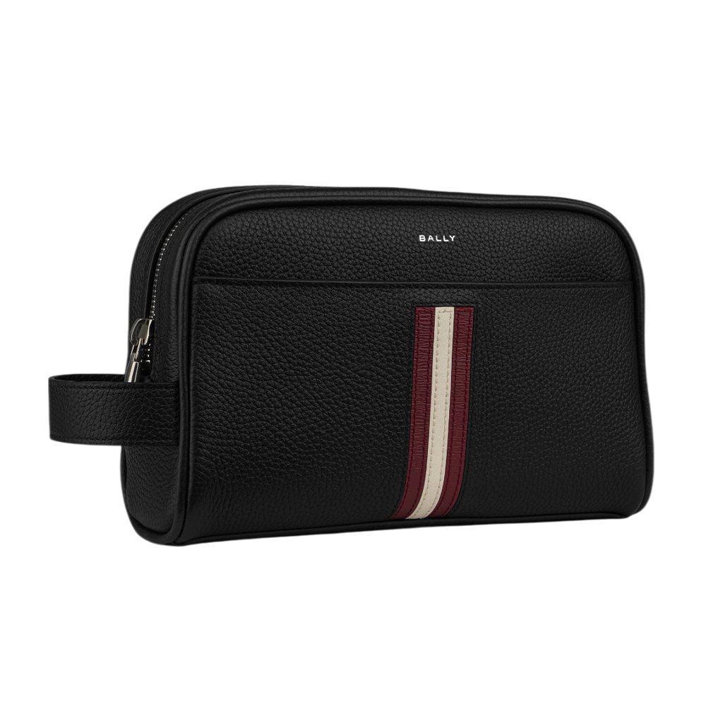 【Bally】Ribbon 紅白條紋牛皮手拿包/萬用包/盥洗包(黑色)