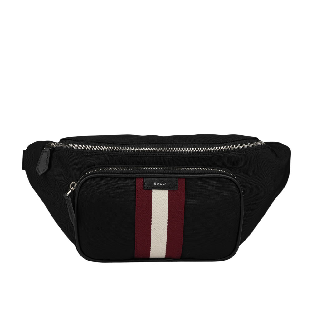 【BALLY】Code 經典紅白條紋尼龍腰包(黑色) 6310402