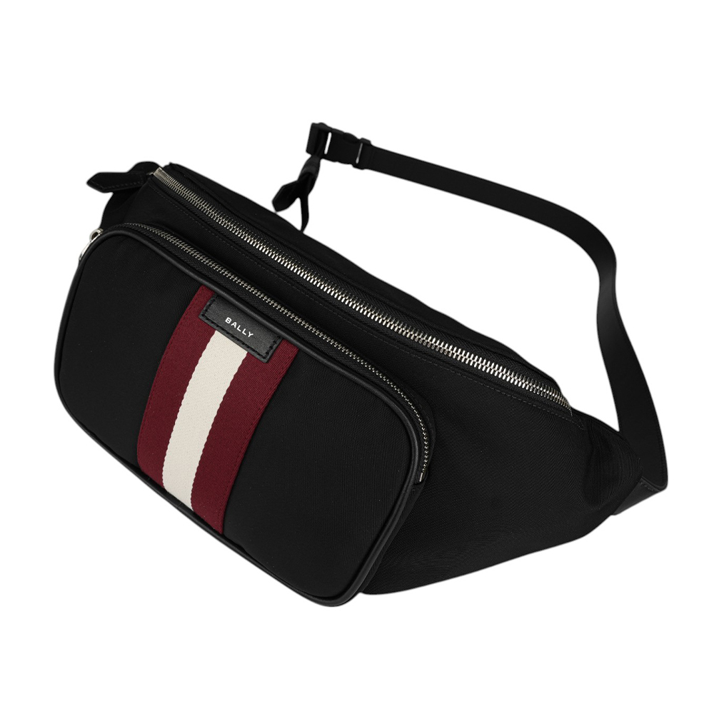 【BALLY】Code 經典紅白條紋尼龍腰包(黑色) 6310402