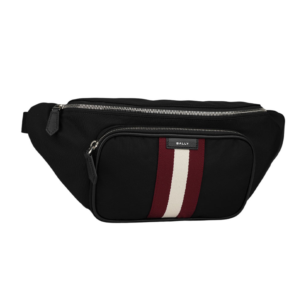 【BALLY】Code 經典紅白條紋尼龍腰包(黑色) 6310402