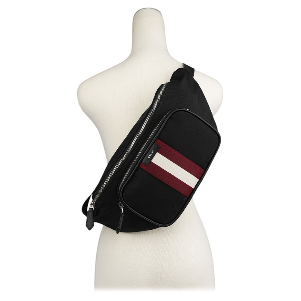 【BALLY】Code 經典紅白條紋尼龍腰包(黑色) 6310402