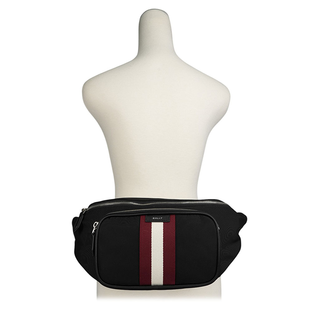【BALLY】Code 經典紅白條紋尼龍腰包(黑色) 6310402