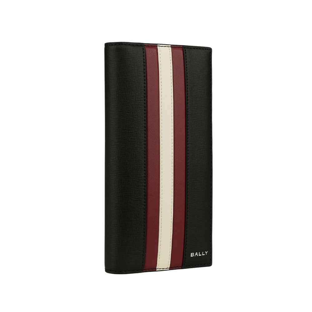 【Bally】Mythos 紅白條紋再生牛皮對開二折長夾(黑色)