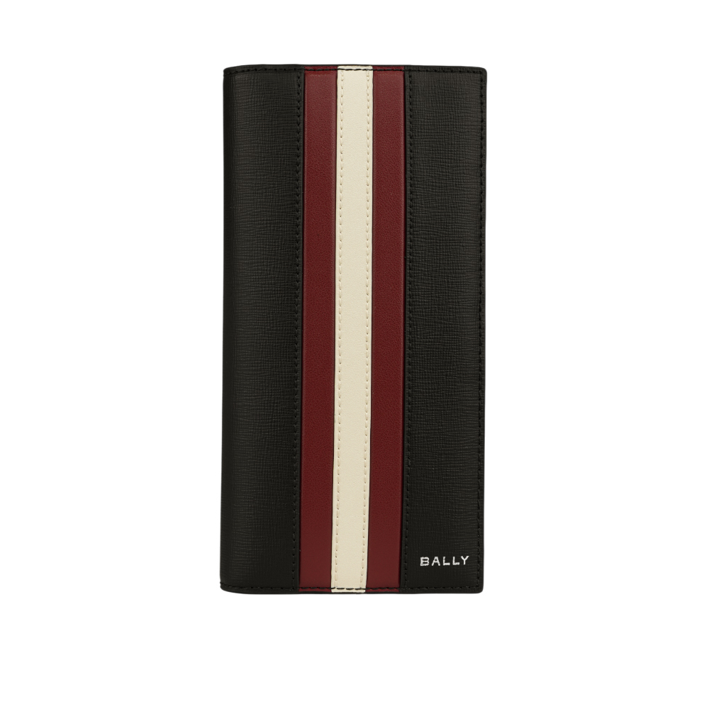 【BALLY】Mythos 紅白條紋再生牛皮對開二折長夾(黑色) 6308477