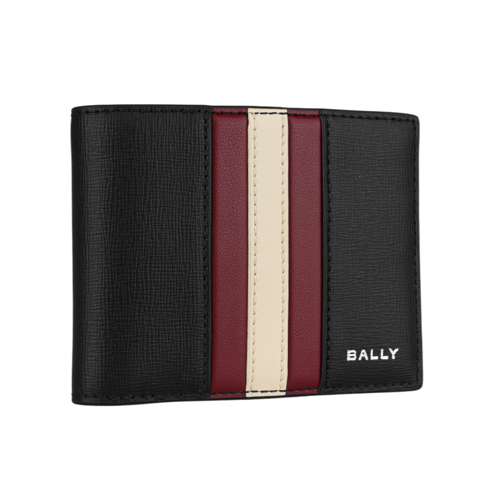 【Bally】Mythos 紅白條紋再生牛皮對開6卡短夾(黑色)