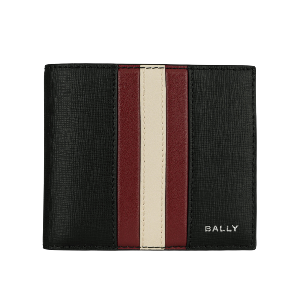 【Bally】Mythos 紅白條紋再生牛皮對開8卡短夾(黑色)