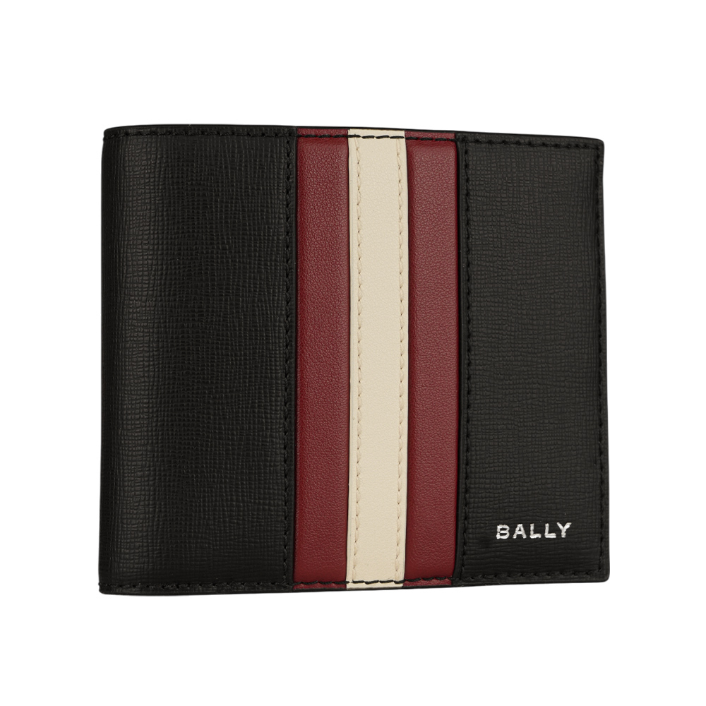 【BALLY】Mythos 紅白條紋再生牛皮對開8卡短夾(黑色) 6308573