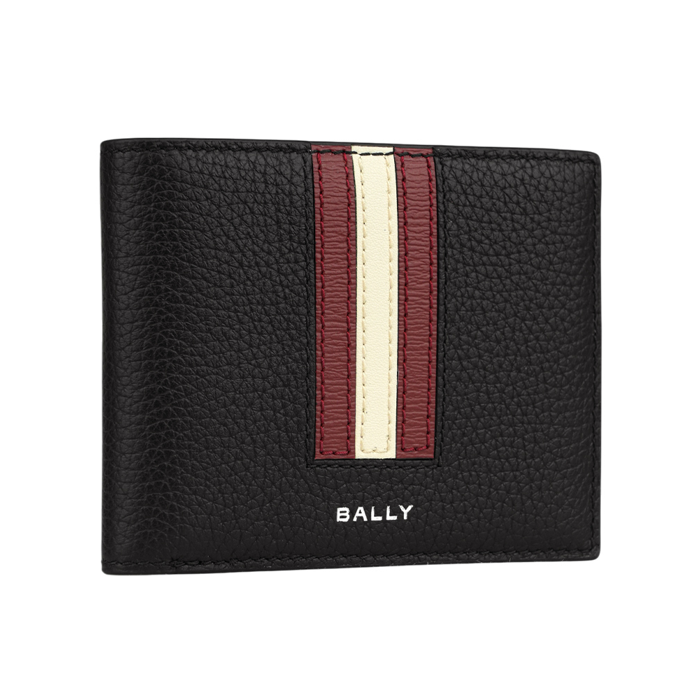 【Bally】Ribbon 紅白條紋牛皮對開證件照短夾(黑色)