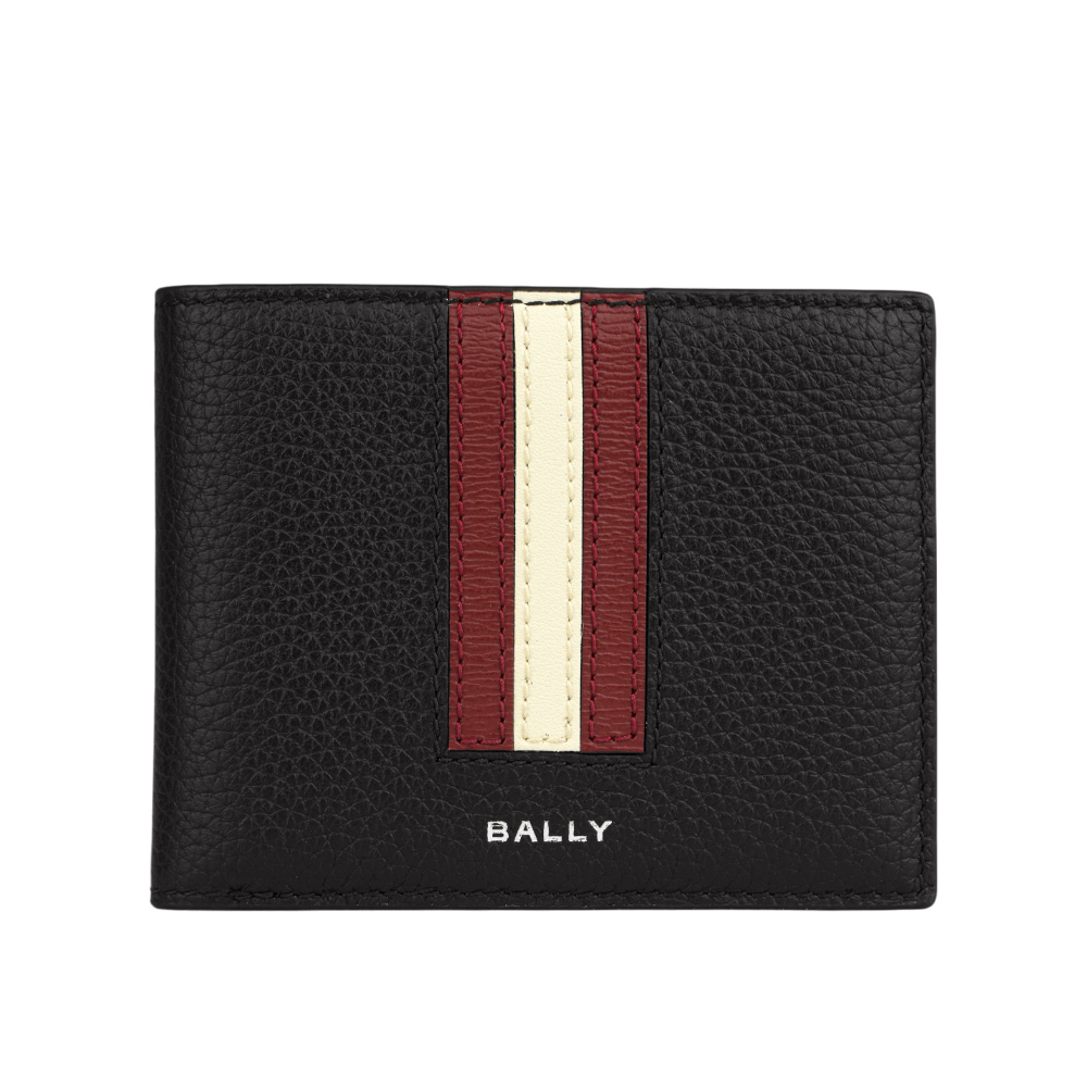 【Bally】Ribbon 紅白條紋牛皮對開證件照短夾(黑色)