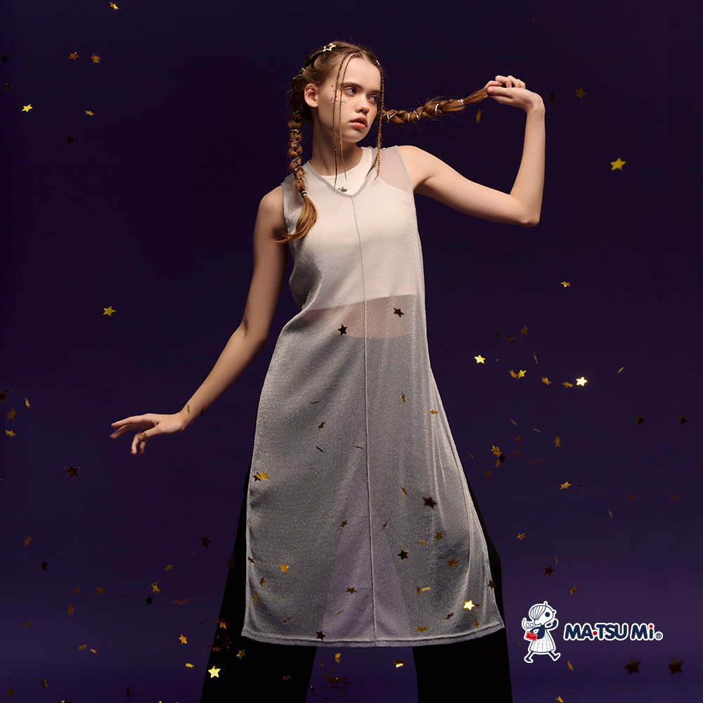 MA‧TSU Mi 金蔥輕薄透膚V領外罩開岔長版背心裙(淺灰)