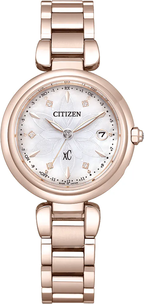 萬年鐘錶 - Citizen 星辰錶  XC  光動能電波白蝶貝櫻花粉紅金鈦金屬女錶  ES9467-71Y 錶徑29MM