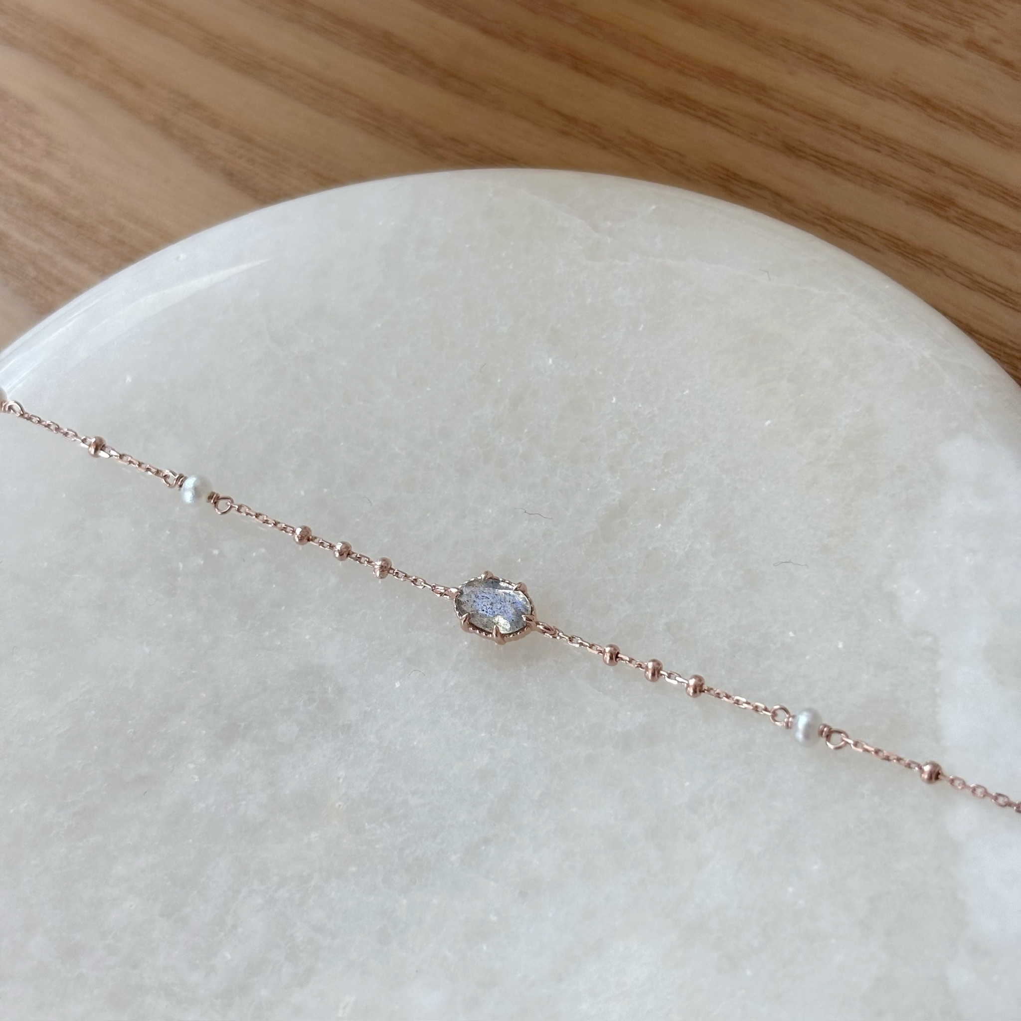 六爪小橢圓拉長石珍珠手鍊