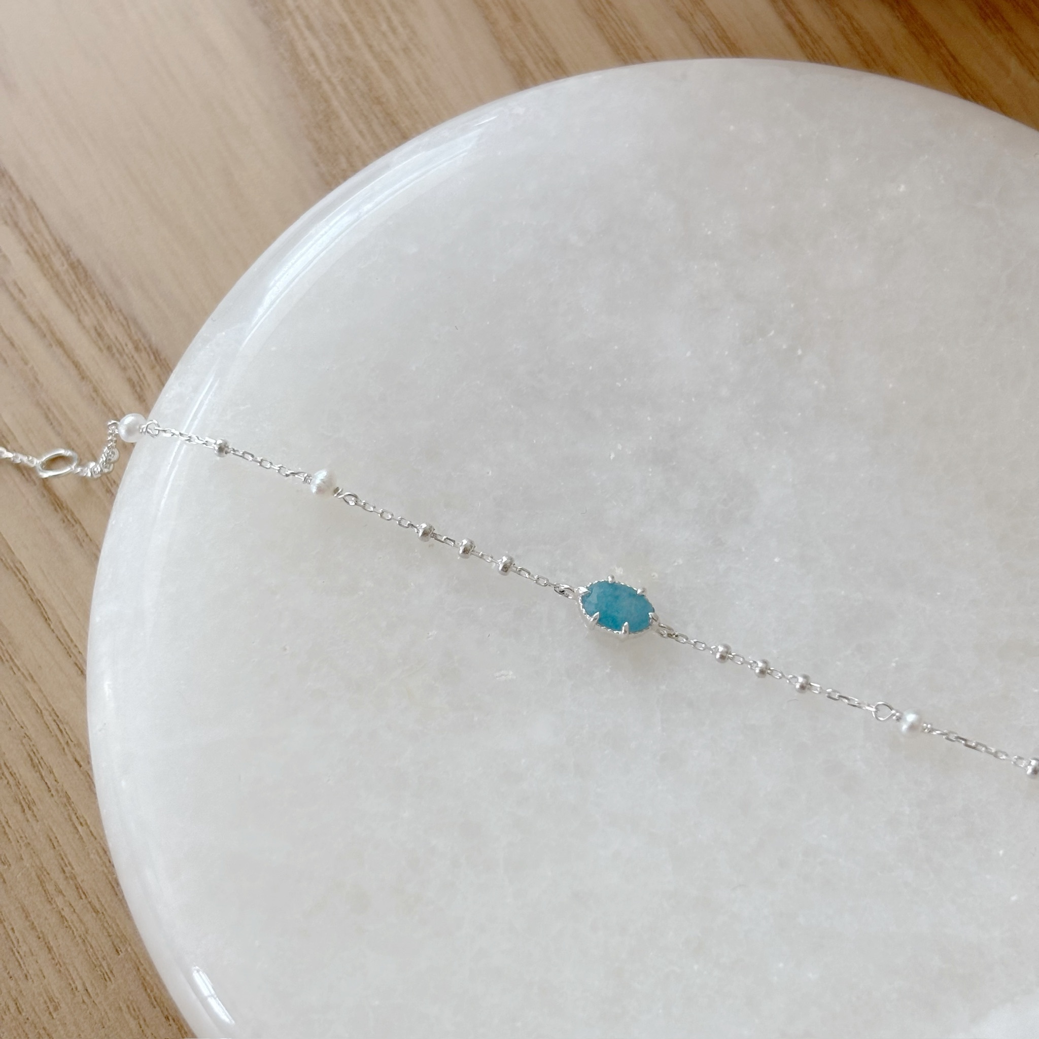 六爪小橢圓水藍石英珍珠手鍊