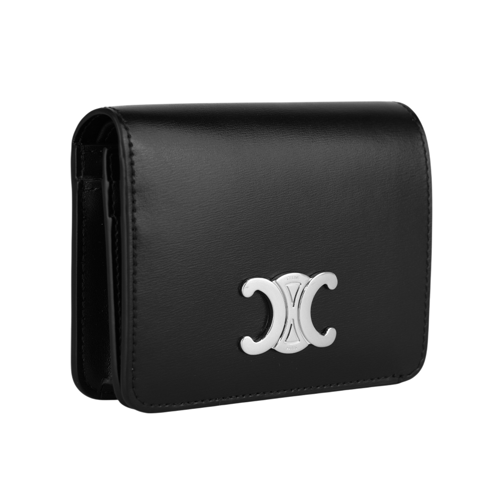 【CELINE】TRIOMPHE 銀釦小牛皮拉鍊零錢袋二折凱旋門短夾