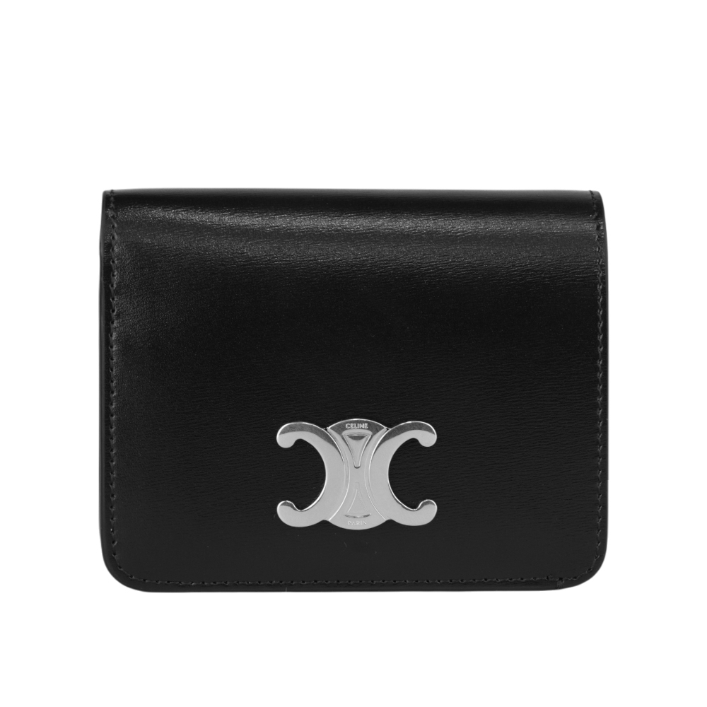 【CELINE】TRIOMPHE 銀釦小牛皮拉鍊零錢袋二折凱旋門短夾