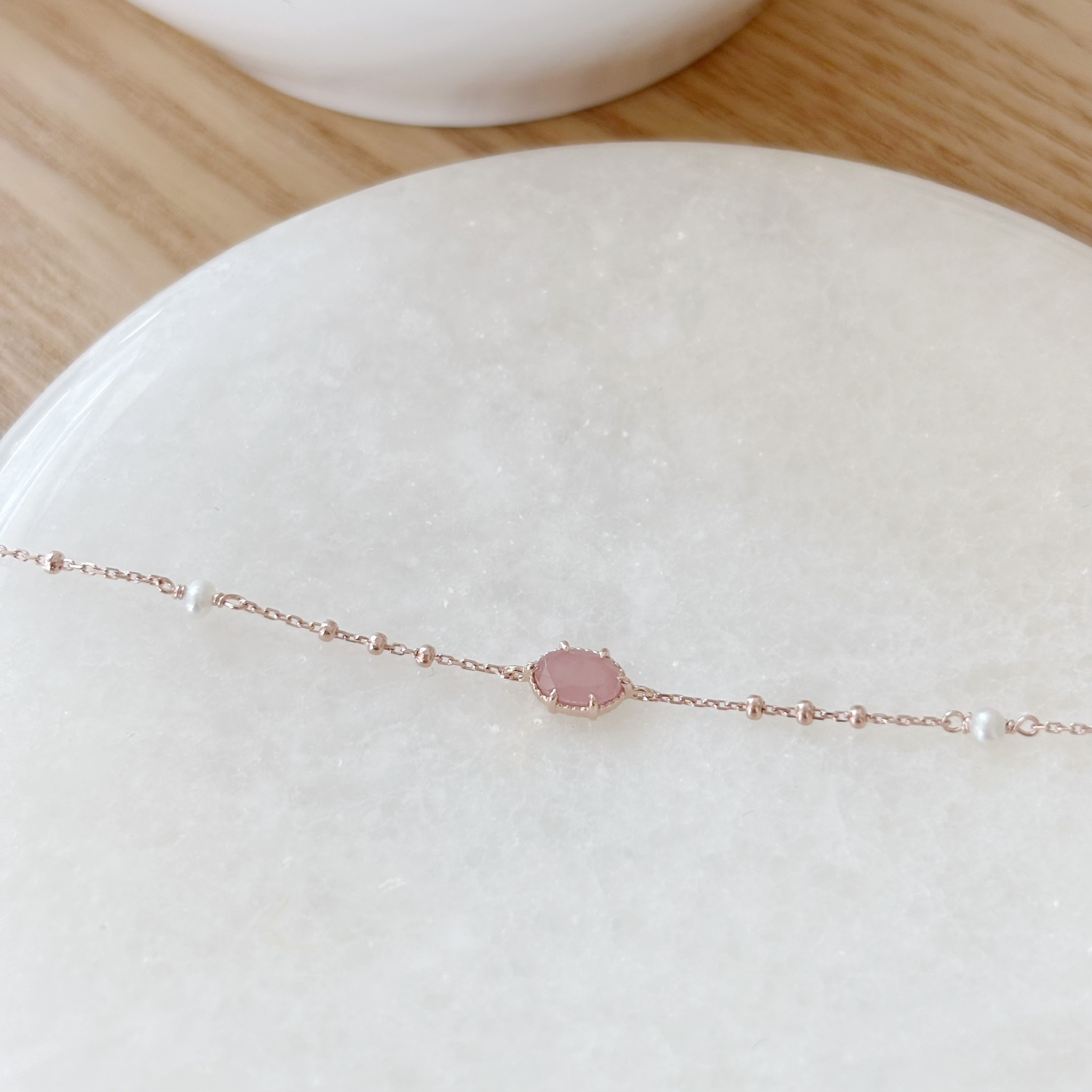 六爪小橢圓粉紅石英珍珠手鍊