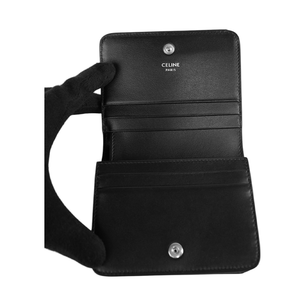 【CELINE】TRIOMPHE 銀釦小牛皮拉鍊零錢袋二折凱旋門短夾(黑色) 10K623DPV.38DI