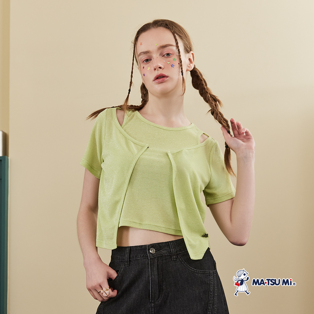 MA‧TSU Mi 金蔥感前釦可開2way假兩件品牌logo短袖上衣(草綠.深灰)