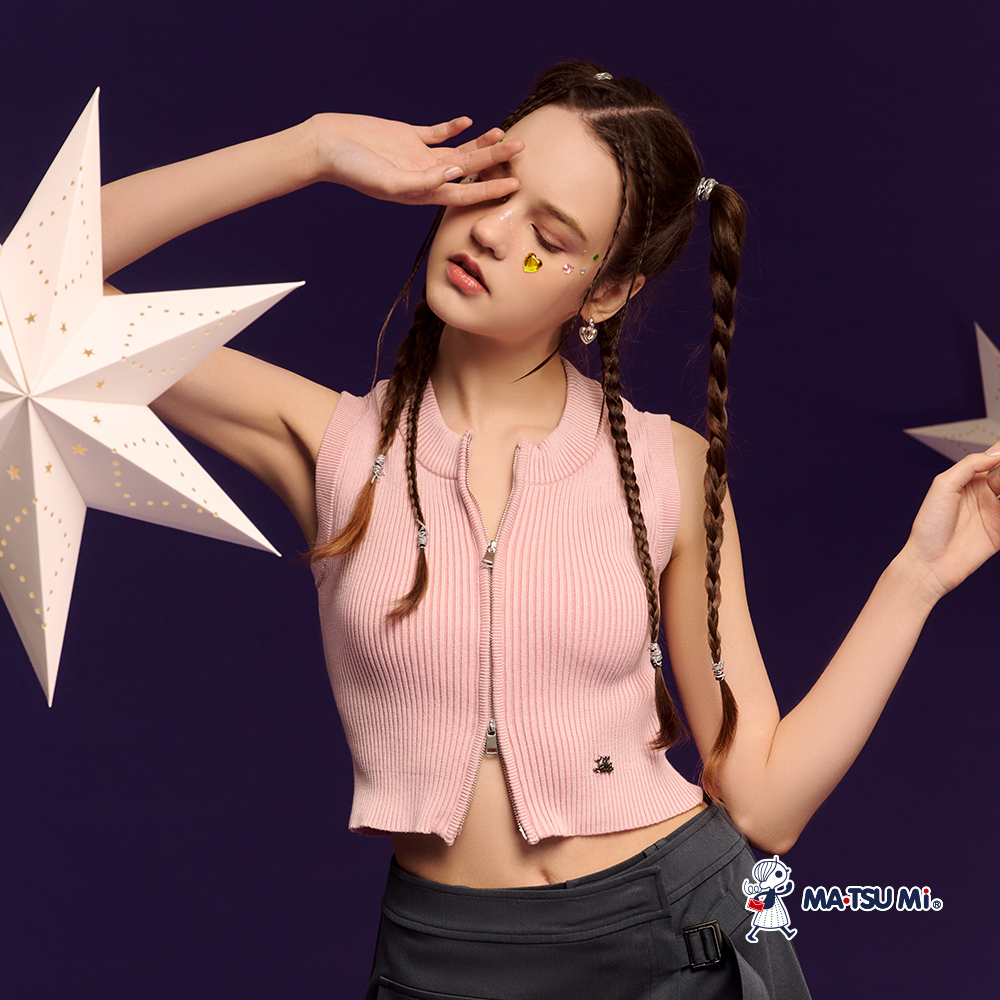 MA‧TSU Mi 雙頭拉鍊羅紋坑條品牌logo短版背心(粉紅.深藍)