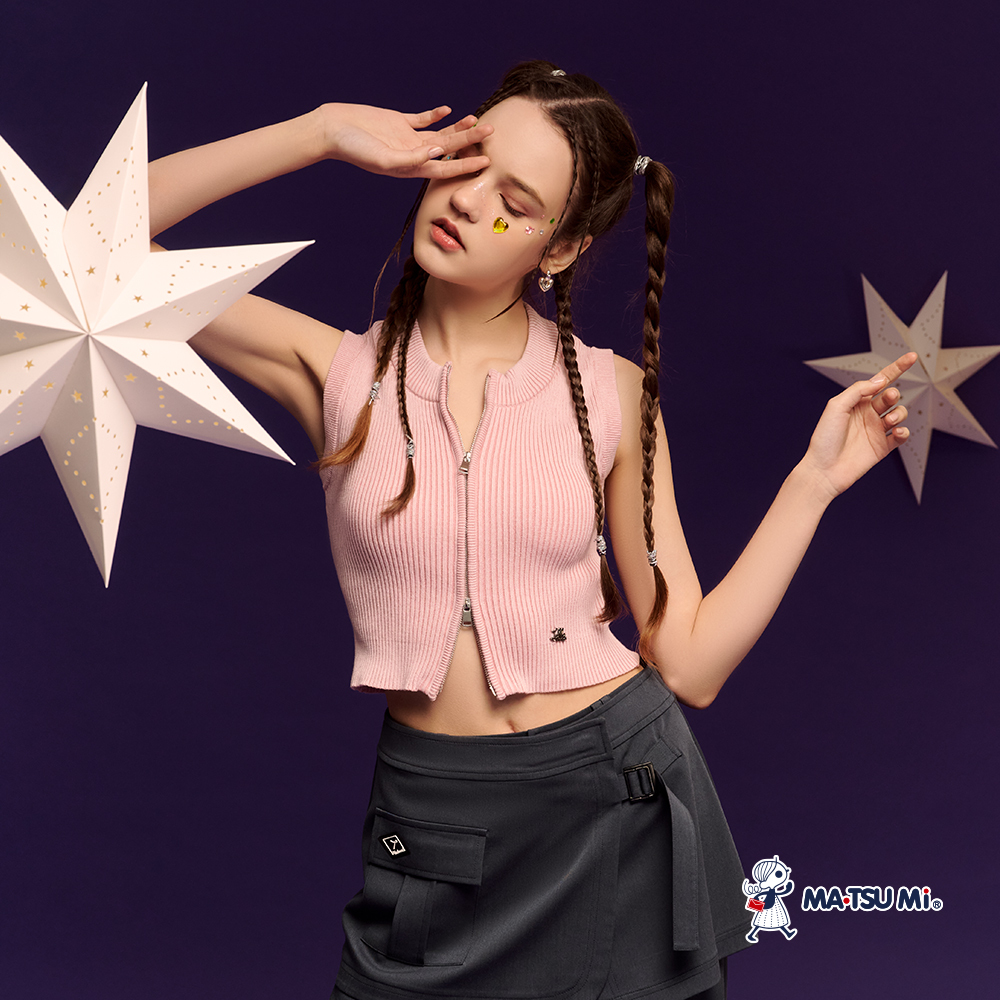 MA‧TSU Mi 雙頭拉鍊羅紋坑條品牌logo短版背心(粉紅.深藍)