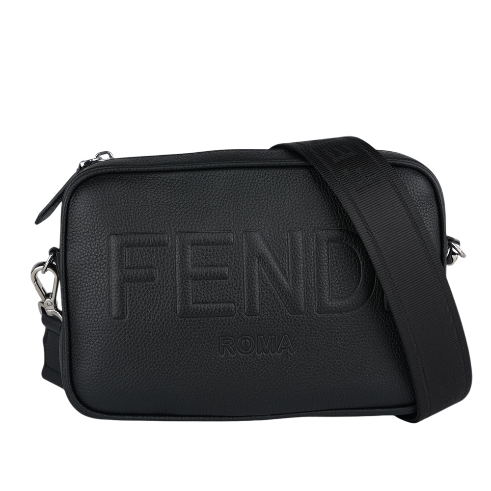 【FENDI】Roma 縫線標誌紋理皮革相機包/斜背包(黑色) 7M0286 AMAC F0GXN