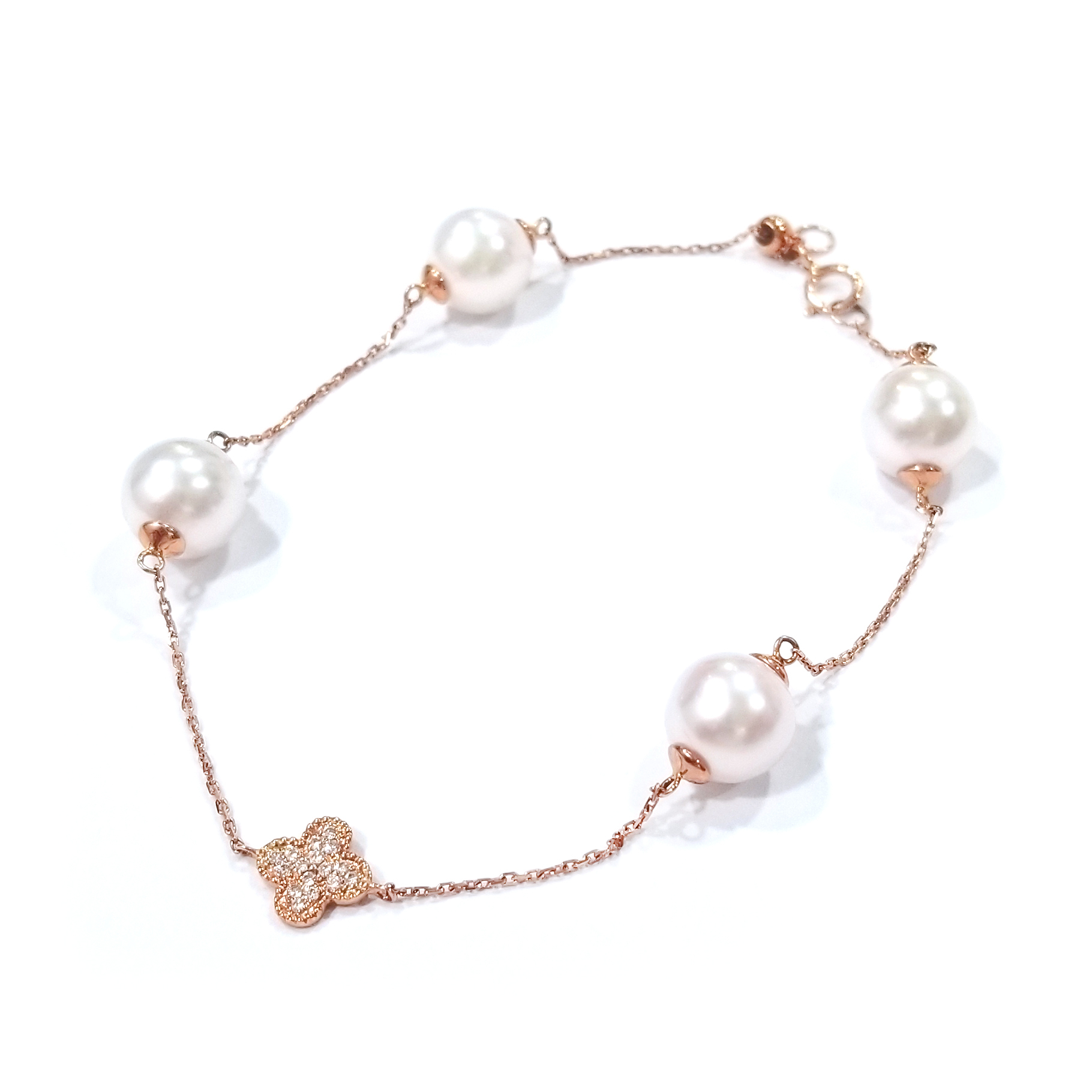 18K玫瑰金天然鑽石四葉草Akoya 珍珠手鏈