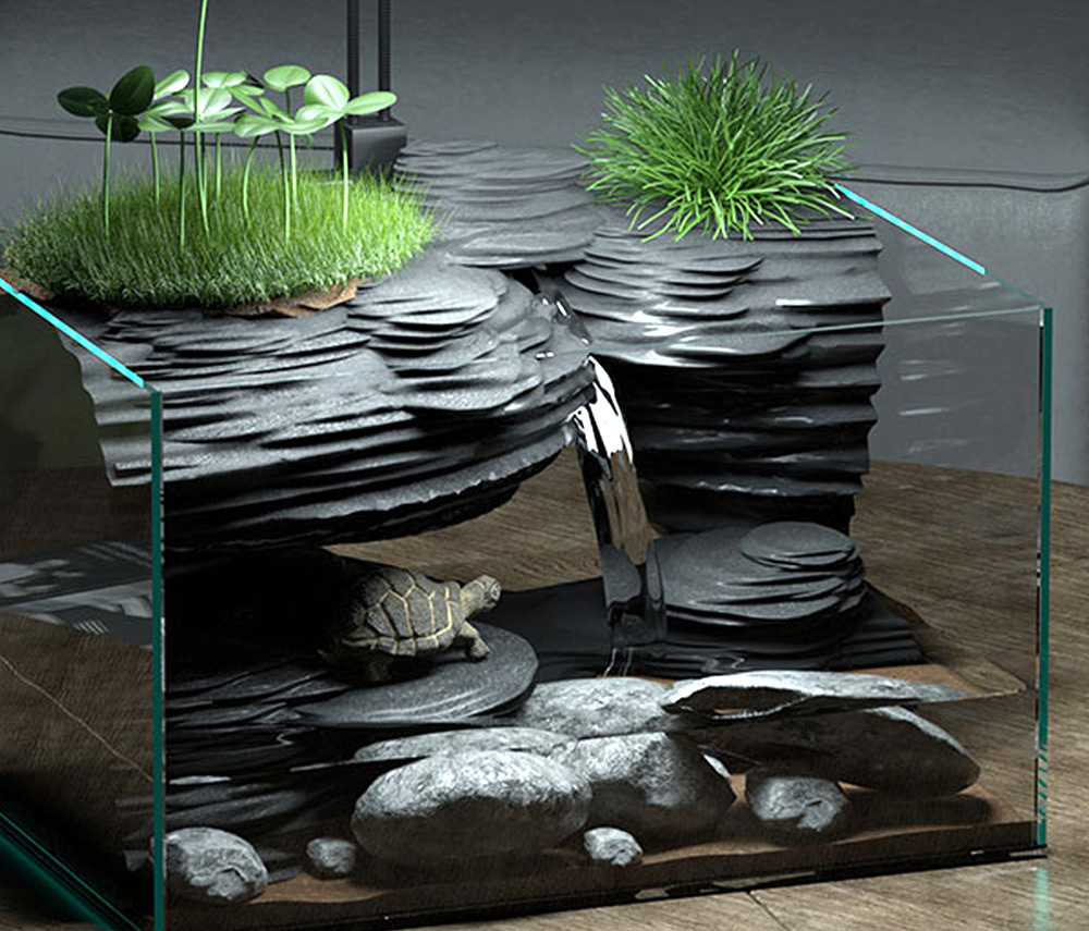 魚缸自帶烏龜曬台與上水造流系統，適合魚龜共養，模擬自然流水環境