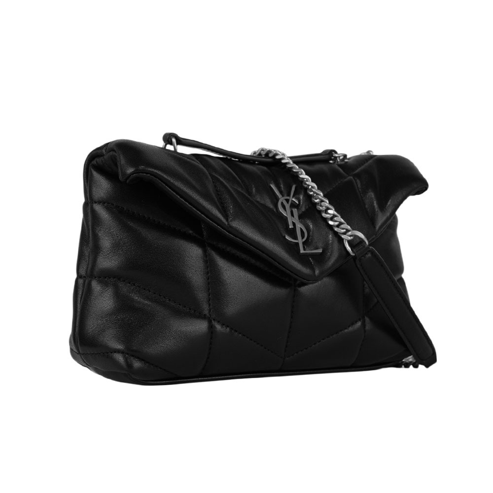 【YSL/Saint Laurent Paris】Puffer Toy 銀字縫線小羊皮迷你翻蓋鍊包