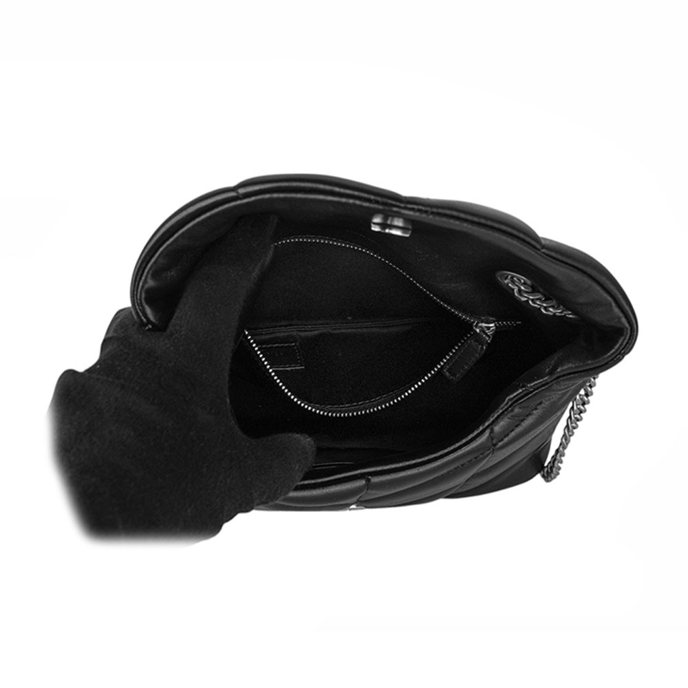 【YSL/Saint Laurent Paris】Puffer Toy 銀字縫線小羊皮迷你翻蓋鍊包(黑色) 759337 1EL00 1000