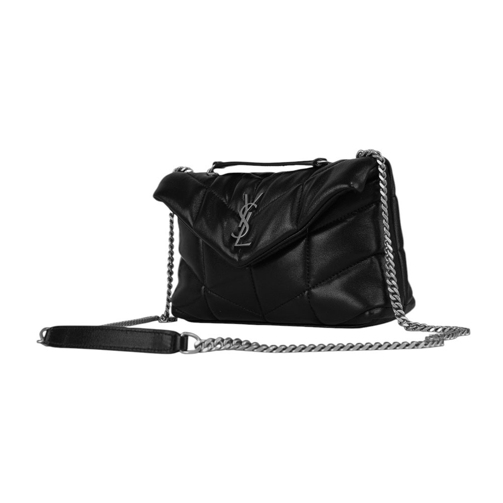 【YSL/Saint Laurent Paris】Puffer Toy 銀字縫線小羊皮迷你翻蓋鍊包(黑色) 759337 1EL00 1000