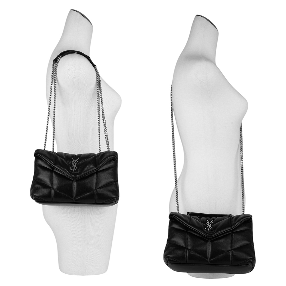 【YSL/Saint Laurent Paris】Puffer Toy 銀字縫線小羊皮迷你翻蓋鍊包(黑色) 759337 1EL00 1000