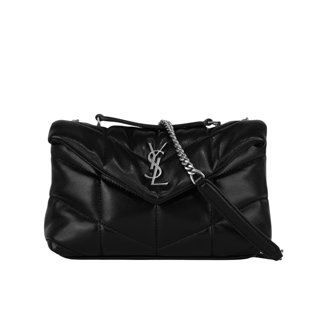 【YSL/Saint Laurent Paris】Puffer Toy 銀字縫線小羊皮迷你翻蓋鍊包(黑色) 759337 1EL00 1000