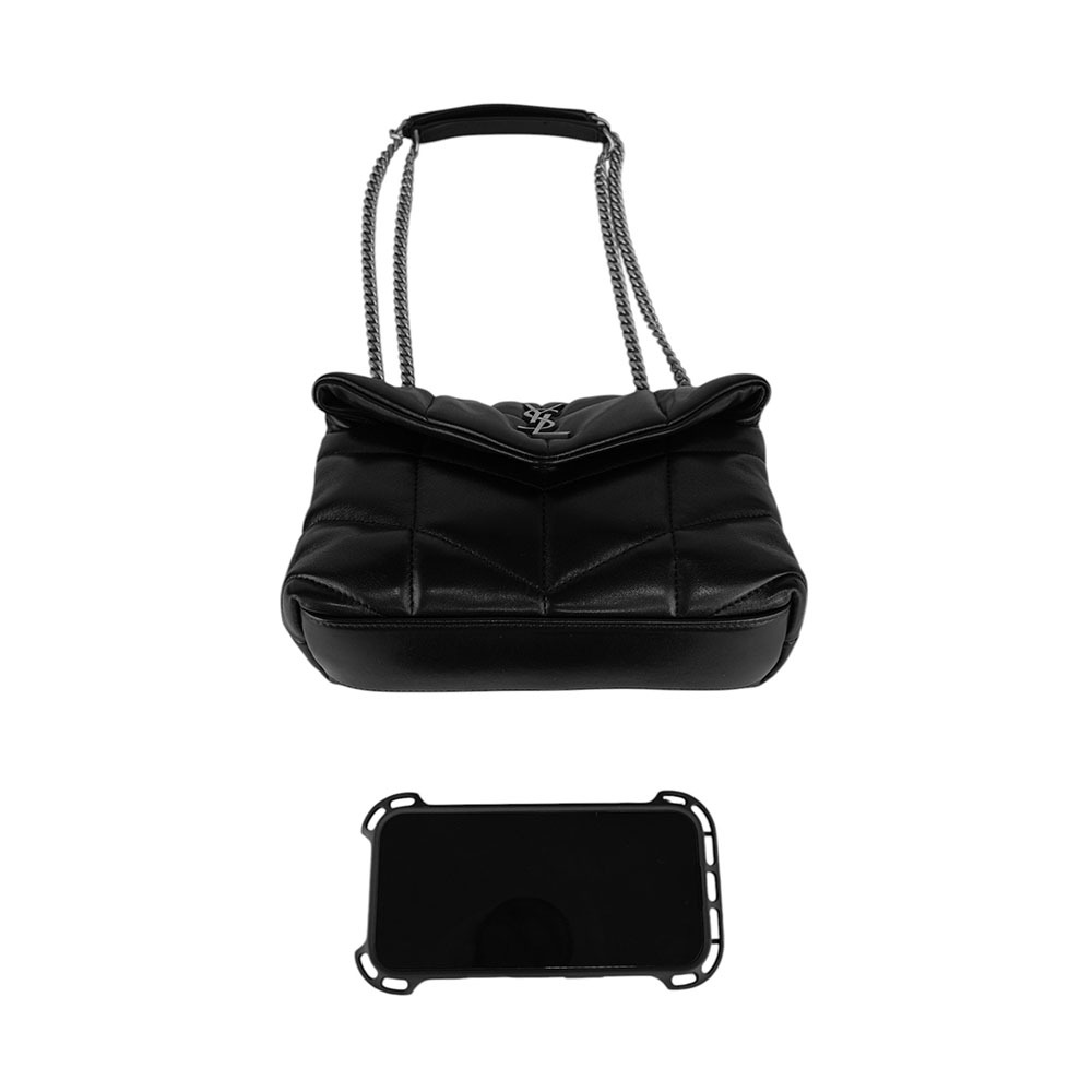 【YSL/Saint Laurent Paris】Puffer Toy 銀字縫線小羊皮迷你翻蓋鍊包(黑色) 759337 1EL00 1000