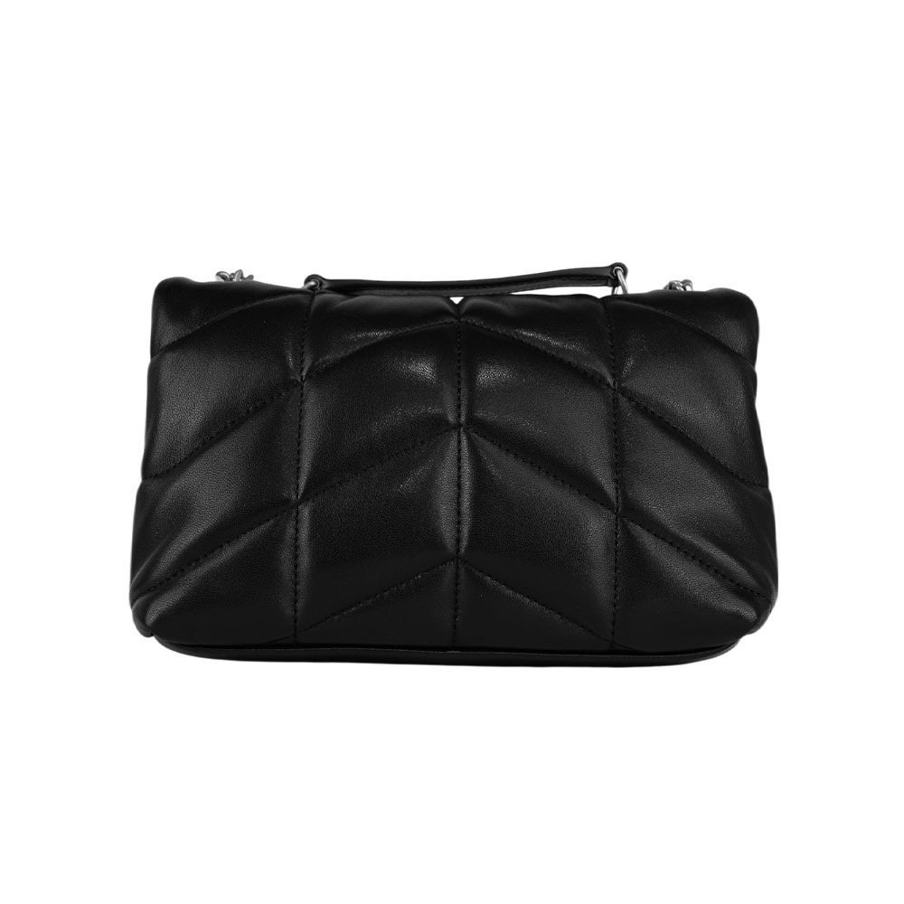 【YSL/Saint Laurent Paris】Puffer Toy 銀字縫線小羊皮迷你翻蓋鍊包(黑色) 759337 1EL00 1000