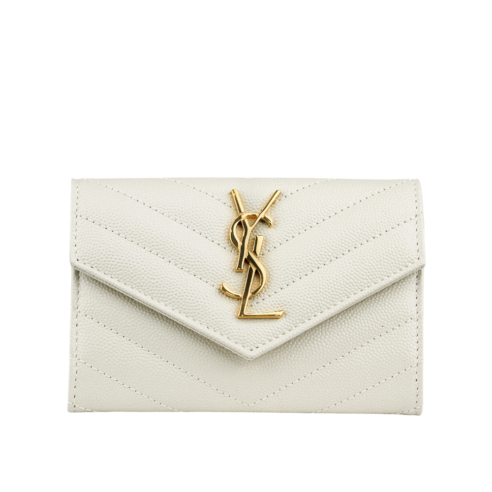 【YSL/Saint Laurent Paris】山形紋荔枝皮金字logo小卡/短夾(復古白) 414404 BOW01 9207