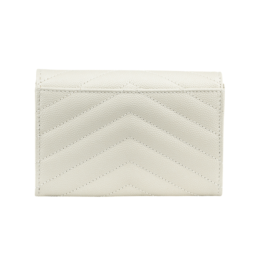 【YSL/Saint Laurent Paris】山形紋荔枝皮金字logo小卡/短夾(復古白) 414404 BOW01 9207
