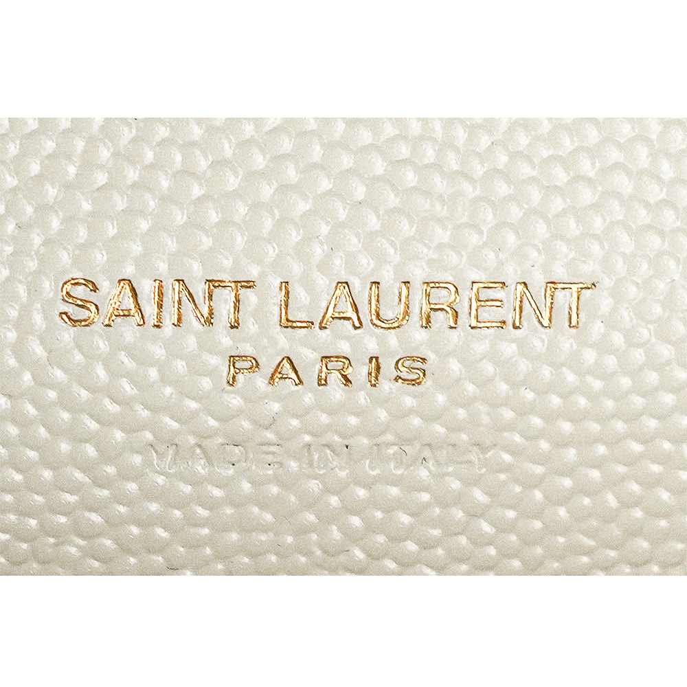 【YSL/Saint Laurent Paris】山形紋荔枝皮金字logo小卡/短夾(復古白) 414404 BOW01 9207