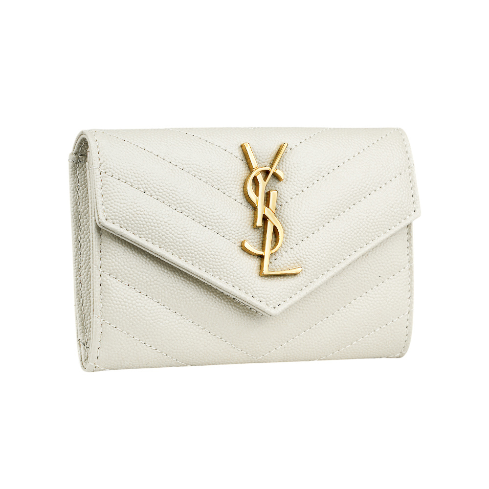 【YSL/Saint Laurent Paris】山形紋荔枝皮金字logo小卡/短夾(復古白) 414404 BOW01 9207