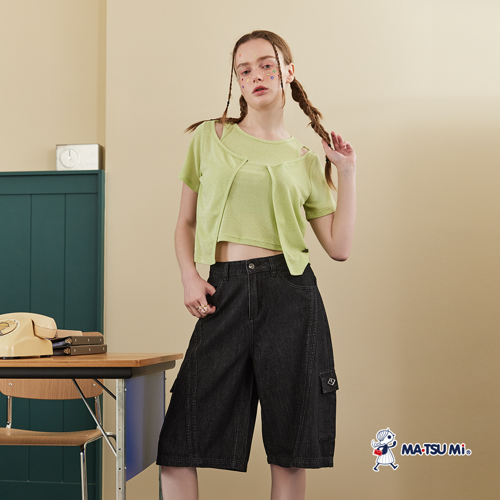 MA‧TSU Mi 工裝大口袋剪裁線條品牌logo丹寧水洗五分寬褲(深灰)